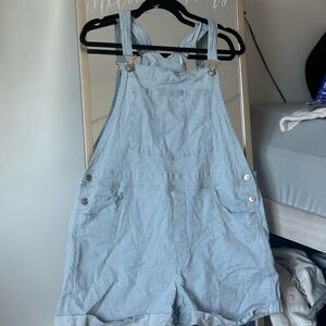 American Eagle Light Blue Pinstripe Overall Shorts